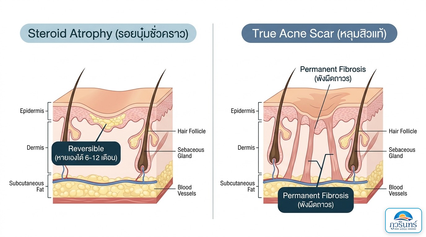แผนภาพกายวิภาคศาสตร์เปรียบเทียบรอยบุ๋มจากสเตียรอยด์ (Steroid Atrophy ชั่วคราว) กับ หลุมสิวแท้ (True Acne Scar พังผืดถาวร)