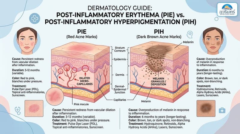 ภาพเปรียบเทียบทางการแพทย์ระหว่างรอยดำหลังการอักเสบ (PIH) ที่หายได้ กับฝ้า (Melasma) ที่เป็นโรคเม็ดสีเรื้อรัง