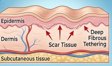 แผนภาพกายวิภาคศาสตร์หลุมสิวแอ่งกระทะ (Rolling Scar) ผิวเป็นคลื่นลอน ยึดเกาะด้วยแถบเส้นใยพังผืด Subdermal Fibrotic Bands