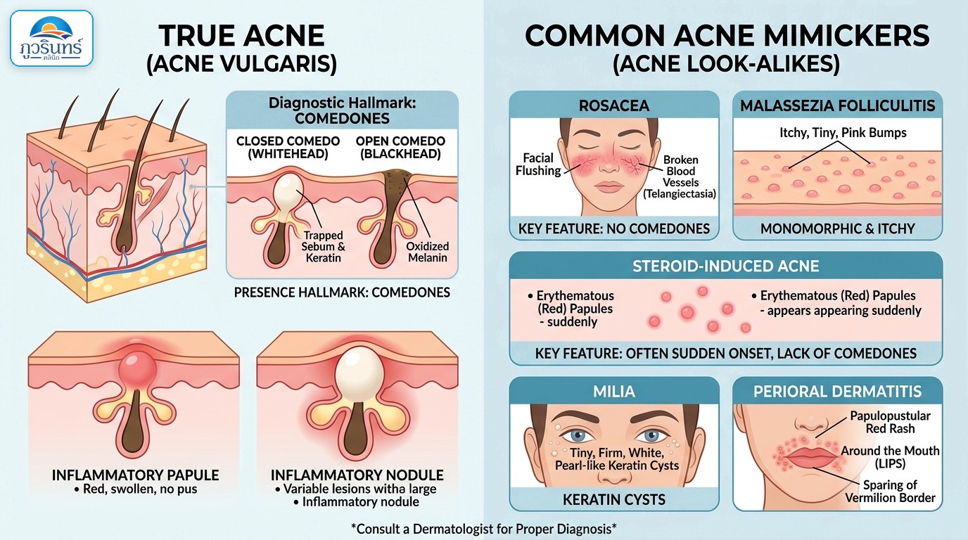 ภาพเปรียบเทียบสิวแท้ Acne Vulgaris ที่มีหัวสิว Comedones กับโรคเลียนแบบสิว Rosacea สิวเชื้อรา สิวสเตียรอยด์ สิวหิน และผื่นรอบปาก