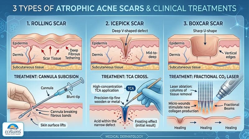 ภาพเปรียบเทียบวิธีการรักษาหลุมสิวแบบต่างๆ Fractional CO2, Subcision, TCA CROSS, Microneedle RF และ Pico Laser